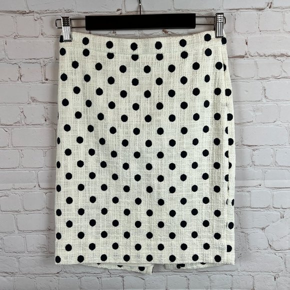 J.CREW lined cotton white embroidered black polka dot straight pencil skirt 00P
